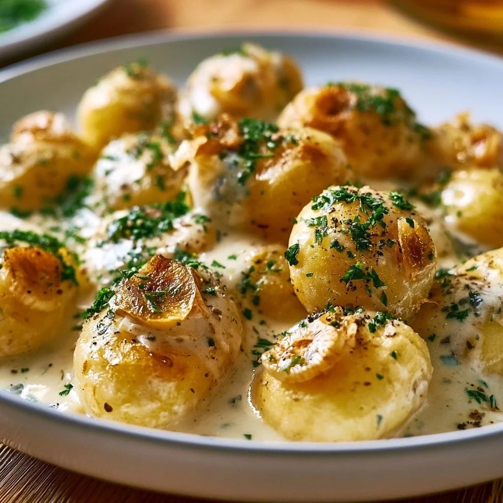 Kartoffeln in cremiger Knoblauch-Sahnesauce serviert auf einem Teller