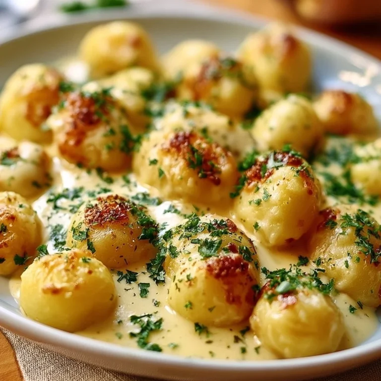 Kartoffeln in Knoblauch-Sahnesauce, serviert auf einem Teller