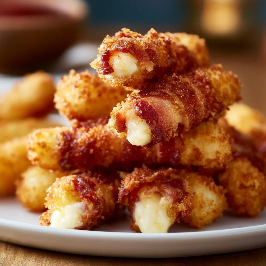 Krosse Bacon-Mozzarella-Sticks auf einem Teller serviert