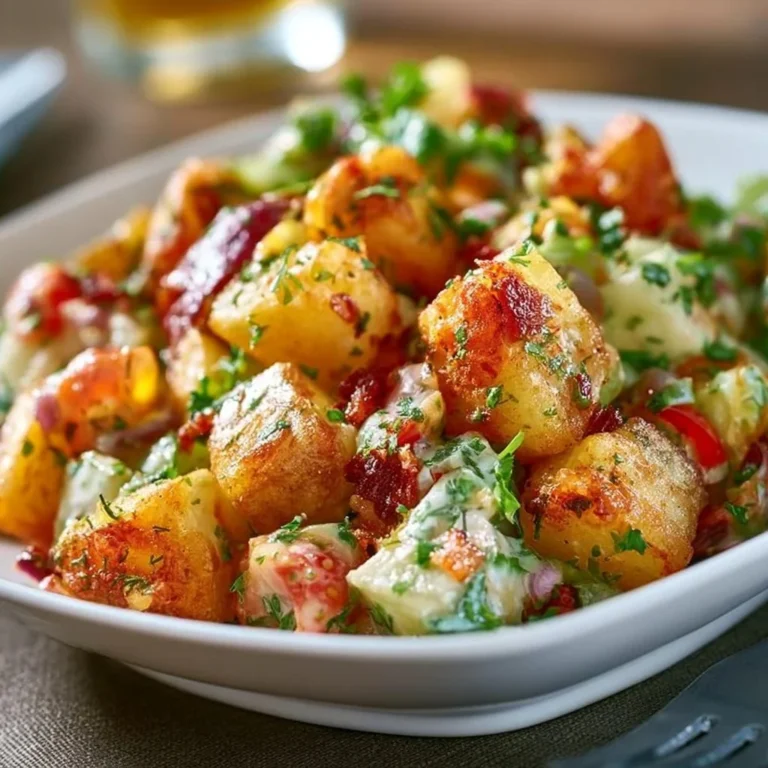 Knuspriger Kartoffelsalat mit frischen Zutaten und knusprigen Würfeln