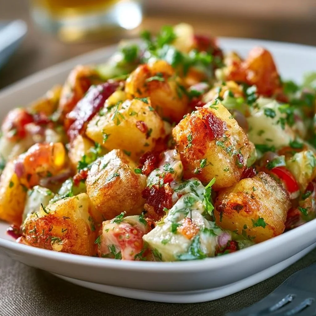 Knuspriger Kartoffelsalat mit frischen Zutaten und knusprigen Würfeln