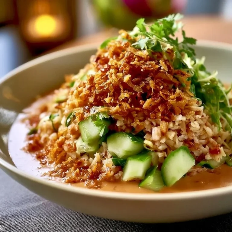 Knuspriger Satay-Reis-Salat mit knackigem Gemüse und aromatischer Sauce.
