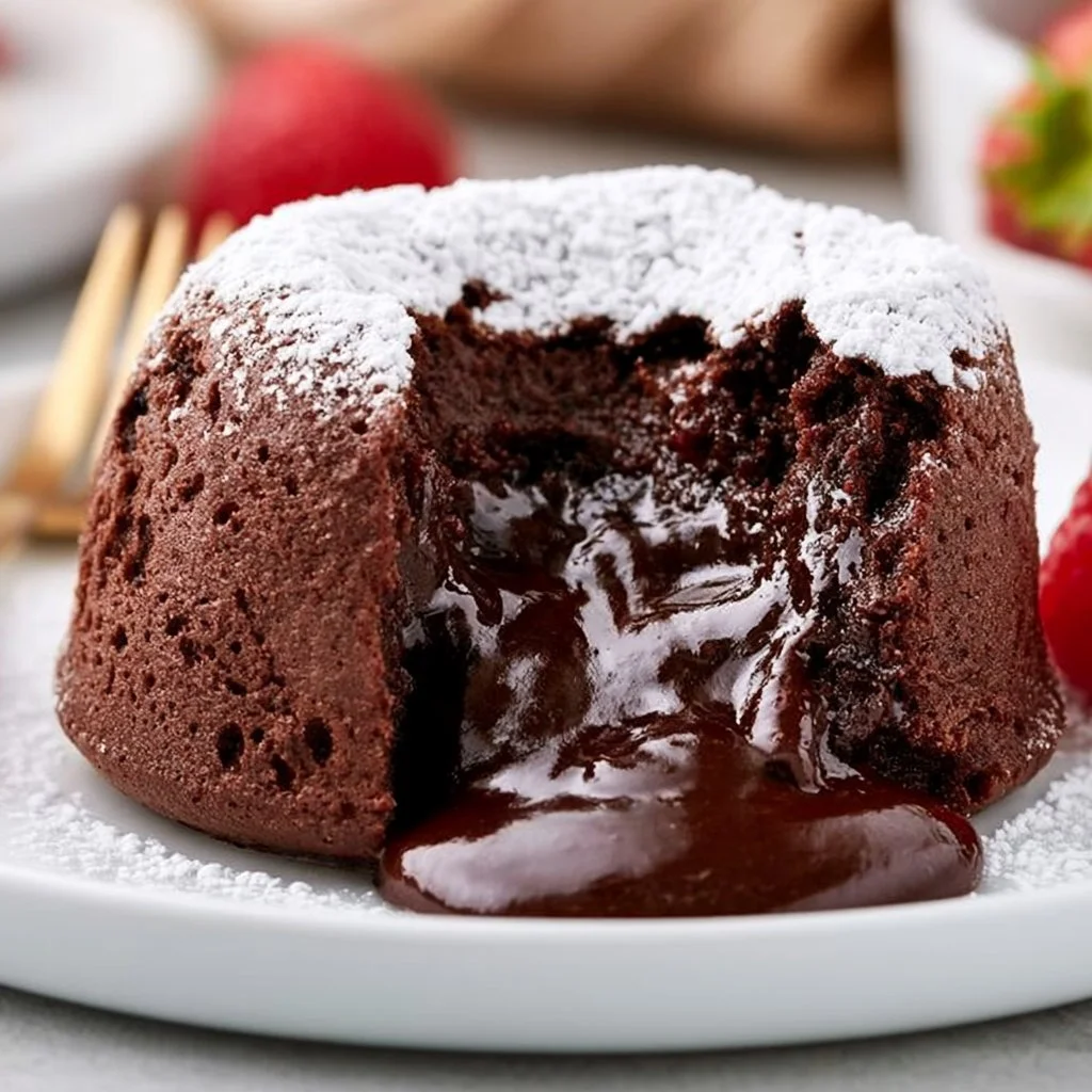 Luftfritteusen Lava-Kuchen mit geschmolzenem Schokoladenkern | Rezepte für Lava-Kuchen aus der Luftfritteuse, Schokoladen-Dessertrezepte aus der Luftfritteuse, Geschmolzene Lava-Kuchen