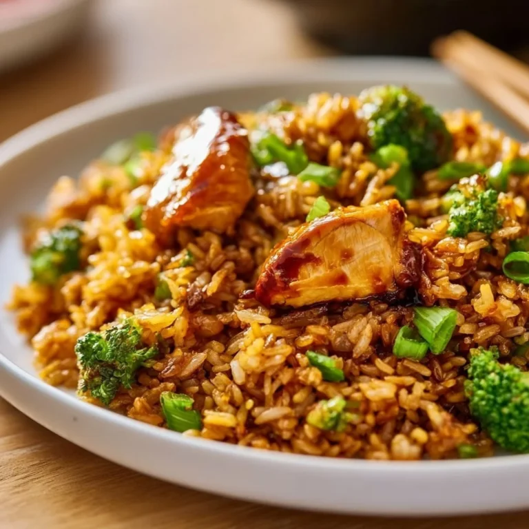 Mundwässriges Teriyaki-Hühnchen mit gebratenem Reis auf einem Teller serviert