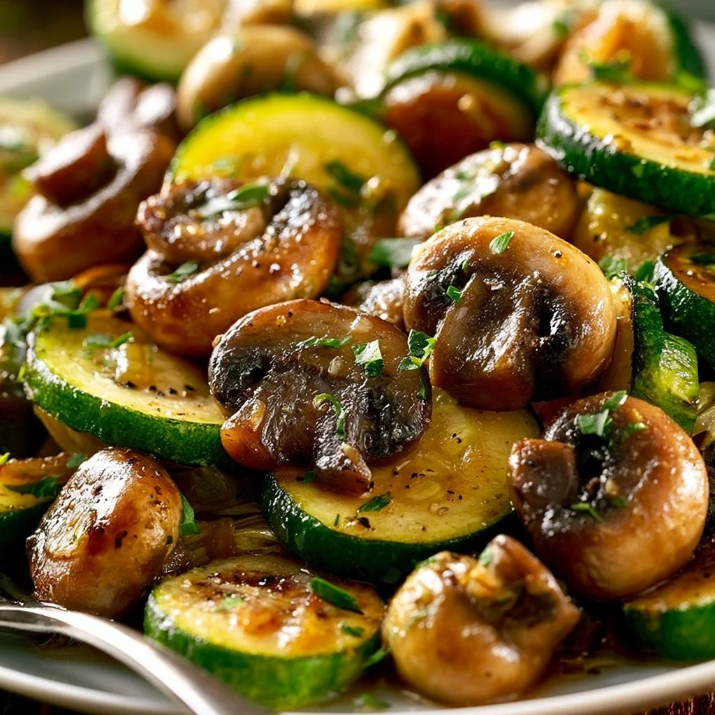 Leckere Pfannen-Zucchini mit Champignons zubereitet in einer Pfanne.