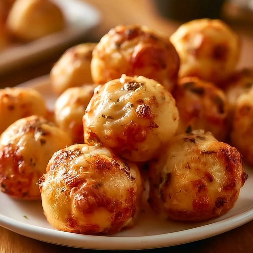 Leckere Pizza Bällchen ohne Hefe auf einem Holzbrett serviert.