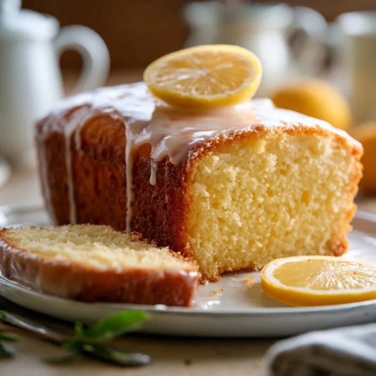 Saftiger Zitronen-Joghurt-Kastenkuchen auf einem Servierteller