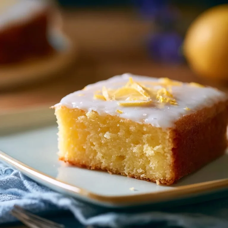 Saftiger Zitronenkuchen vom Blech, liebevoll dekoriert und frisch serviert.