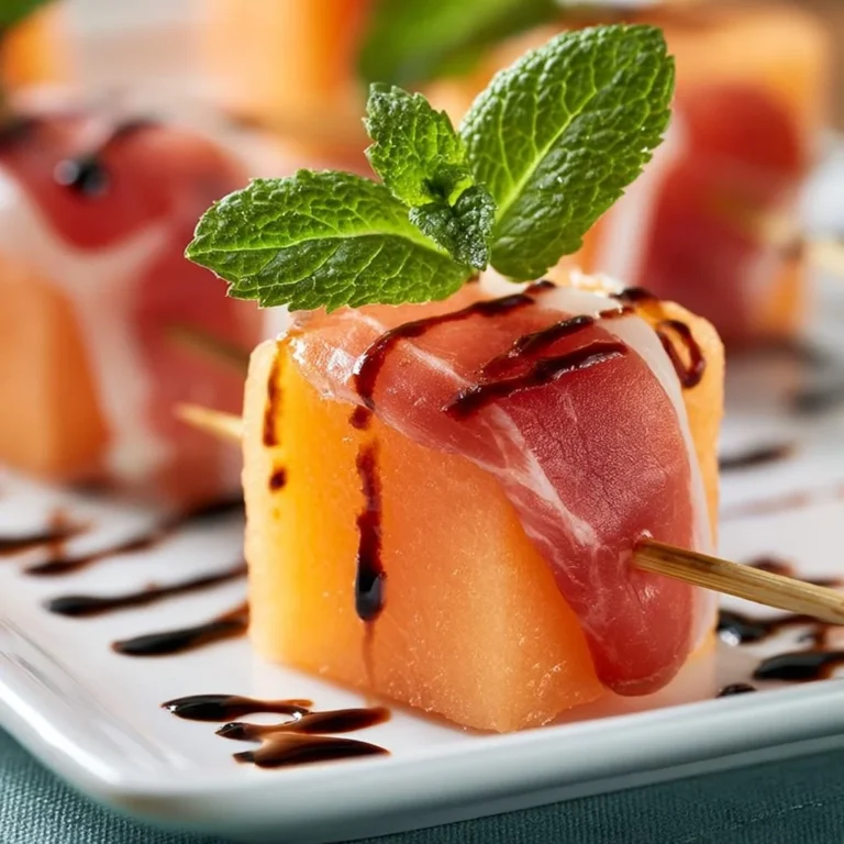 Schinkenwrapped Melonenspieße mit Balsamico und Minze auf einem Teller