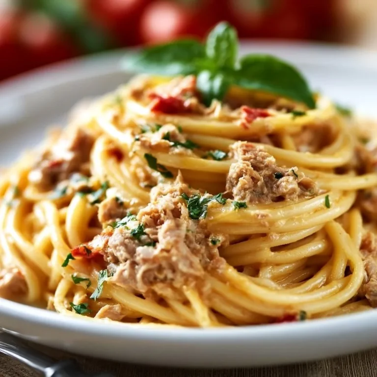 Eine köstliche Schüssel Pasta mit Thunfischsauce, garniert mit frischen Kräutern.