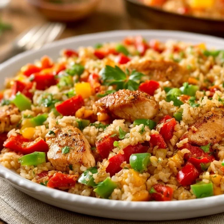 Leckeres Hähnchen-Abendessen mit Reis und Paprika auf einem Teller serviert