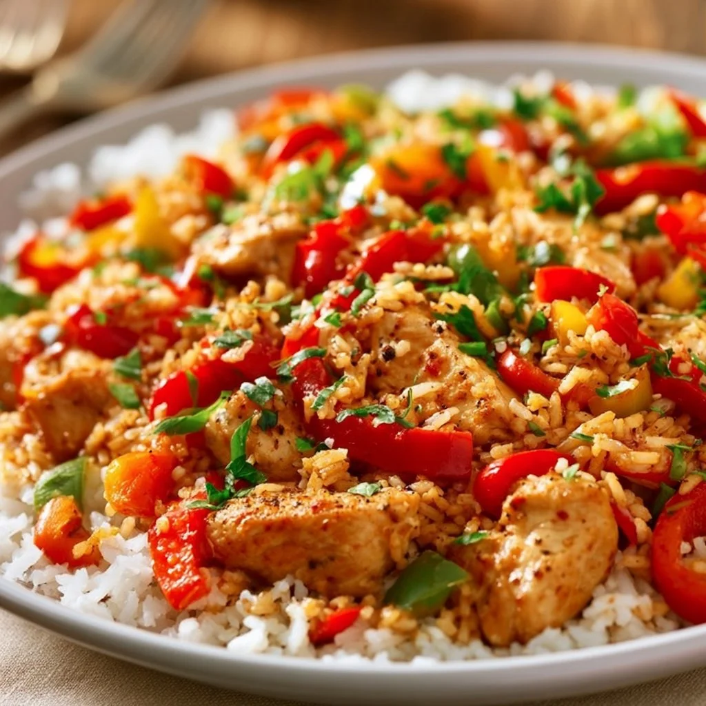 Schnelles H&auml;hnchen-Abendessen mit Reis und Paprika