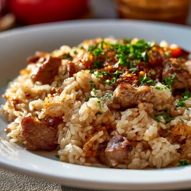 Schüssel mit serbischem Reisfleisch, serviert mit frischen Kräutern.