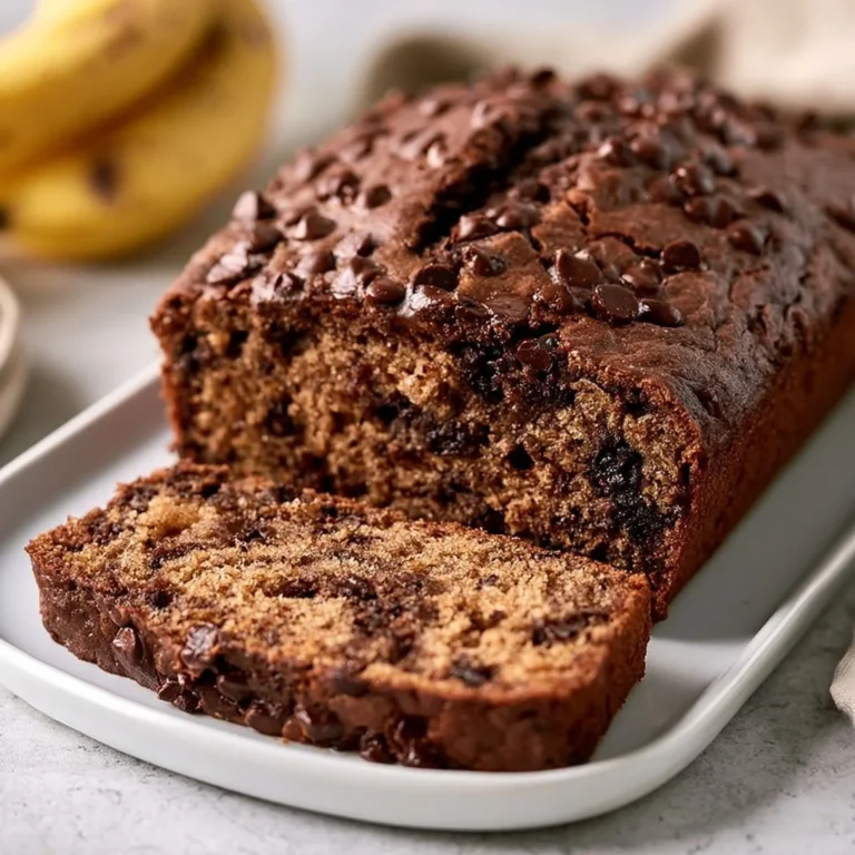 Ein saftiges Stück Schokoladen-Bananenbrot auf einem Teller.