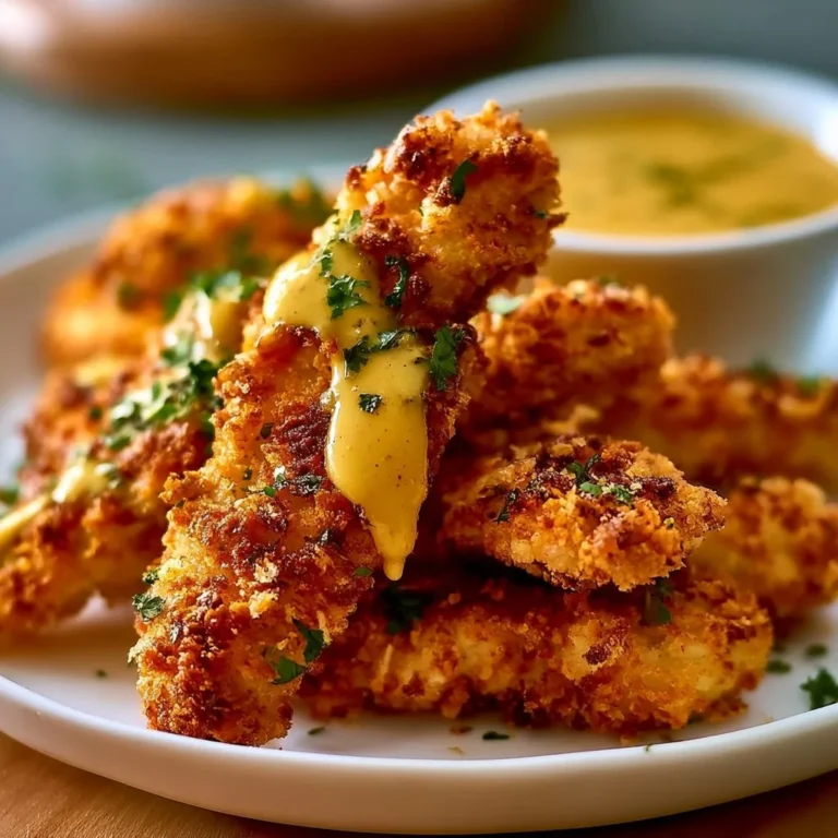 Super knusprige Air Fryer Hähnchenstreifen mit Honig-Senf-Sauce auf einem Teller.