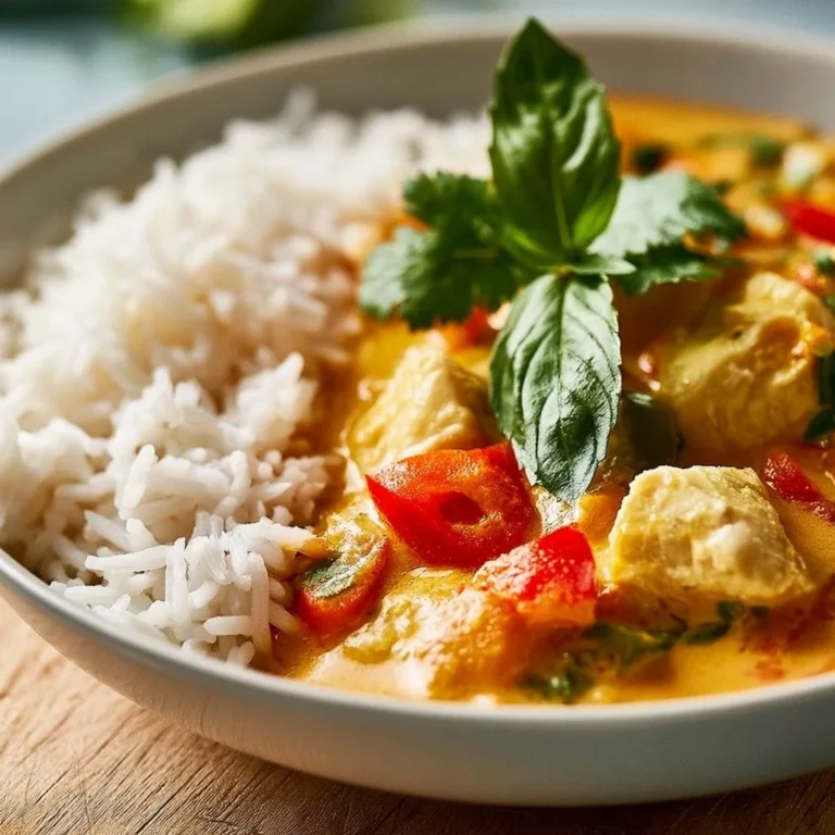 Thailändisches gelbes Curry mit Reis in einer bunten Schüssel serviert.