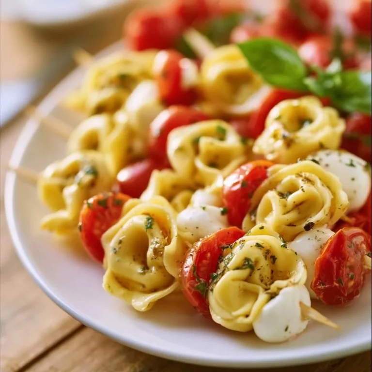 Tortellini-Spieße mit frischen Tomaten und Mozzarella auf einem Holzspieß.