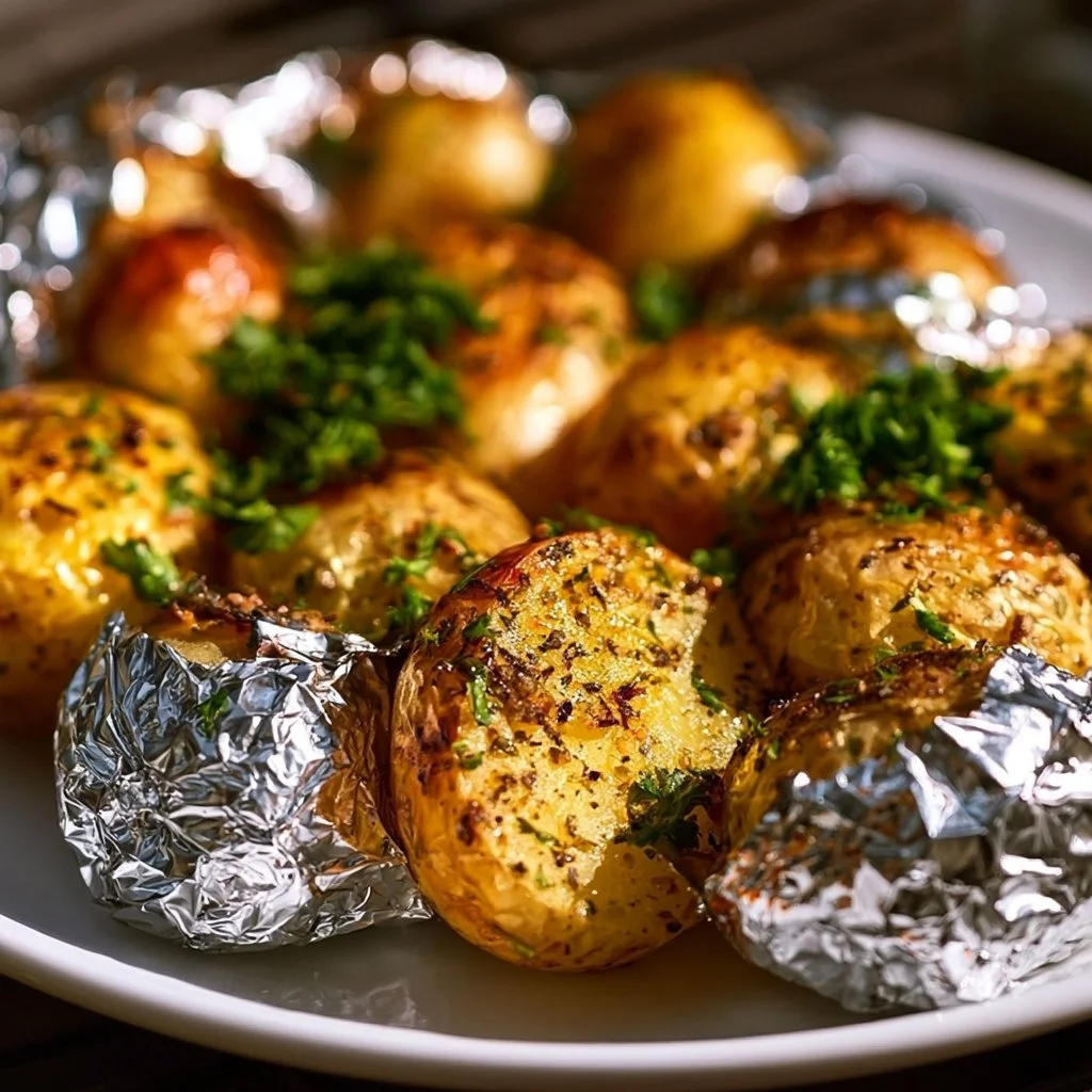Würzige Grillkartoffeln in Alufolie auf dem Grill zubereitet