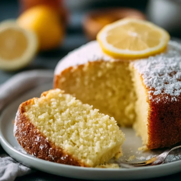 Saftiger Zitronenkuchen auf einem Teller, garniert mit Zitronenscheiben.