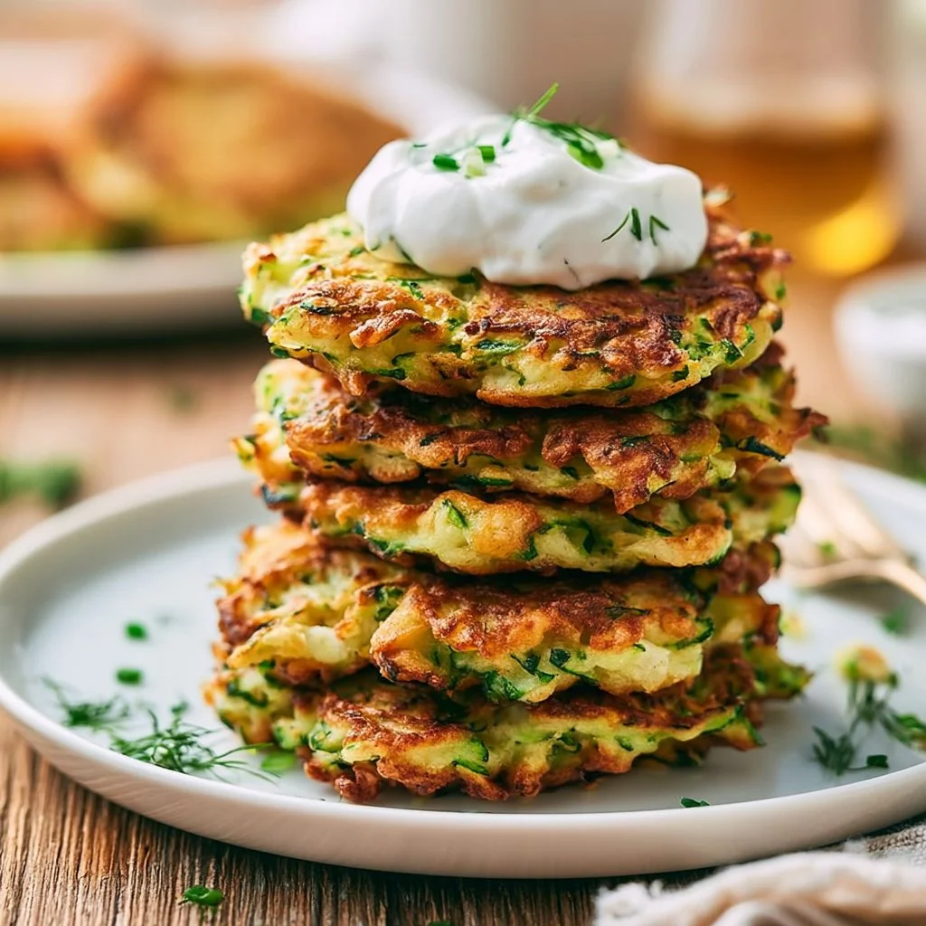 Köstliche Zucchinipuffer auf einem Teller, ideal für einen gesunden Snack.