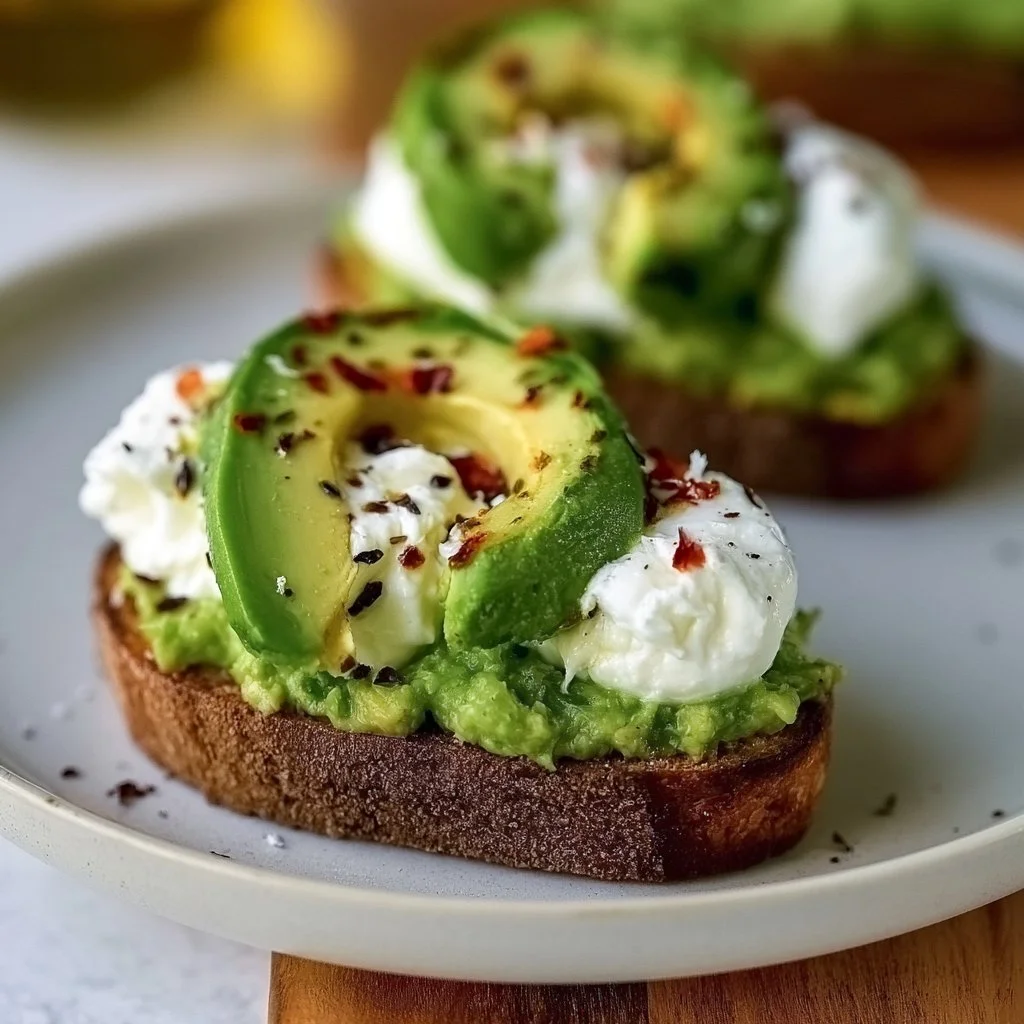 Avocado-Burrata-Bruschetta auf einem Holzbrett dekoriert