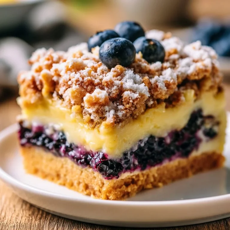 Leckerer Blaubeerkuchen mit Pudding und Streuseln auf einem Teller