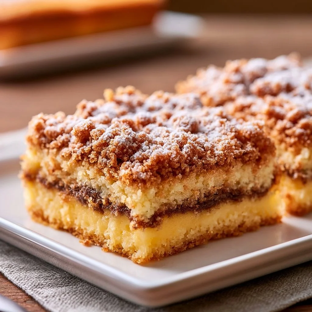 Blechkuchen mit Pudding und Streuseln auf einem Teller