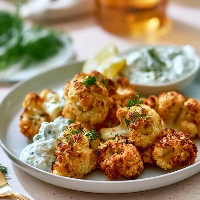 Blumenkohl Airfryer mit Kräuterquark auf einem Teller serviert