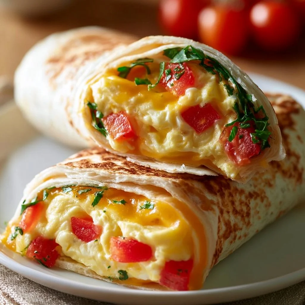 Frühstückswrap mit Ei, Käse und frischen Tomaten auf einem Teller