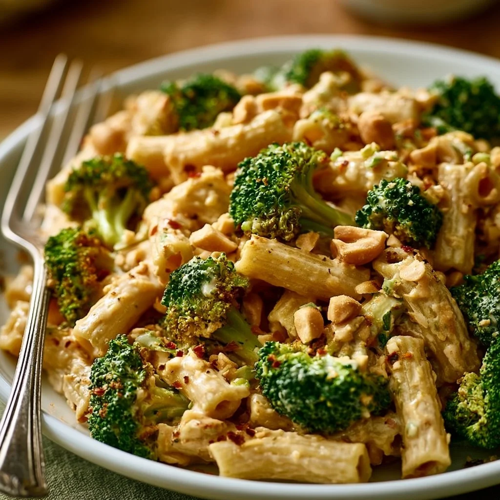 Brokkoli-Erdnuss-Pasta mit frischem Gemüse und Erdnusssoße