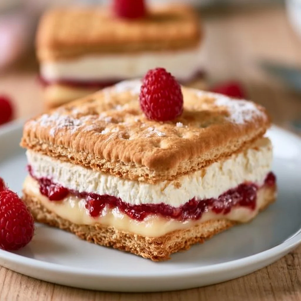 Butterkekskuchen mit Himbeeren und Pudding auf einem Teller