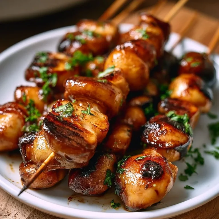 Leckere Champignons Spieße auf dem Grill serviert