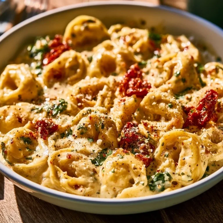 Cremige Ein-Pfannen Heirate Mich Tortellini mit frischen Zutaten in einer Pfanne zubereitet.
