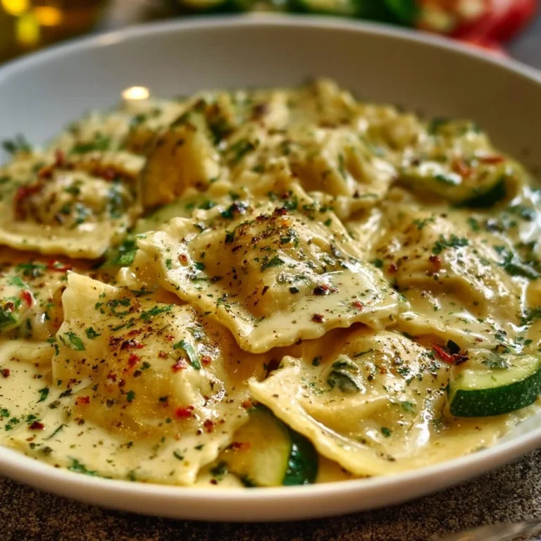Cremige Maultaschenpfanne mit Zucchini auf einem Teller serviert
