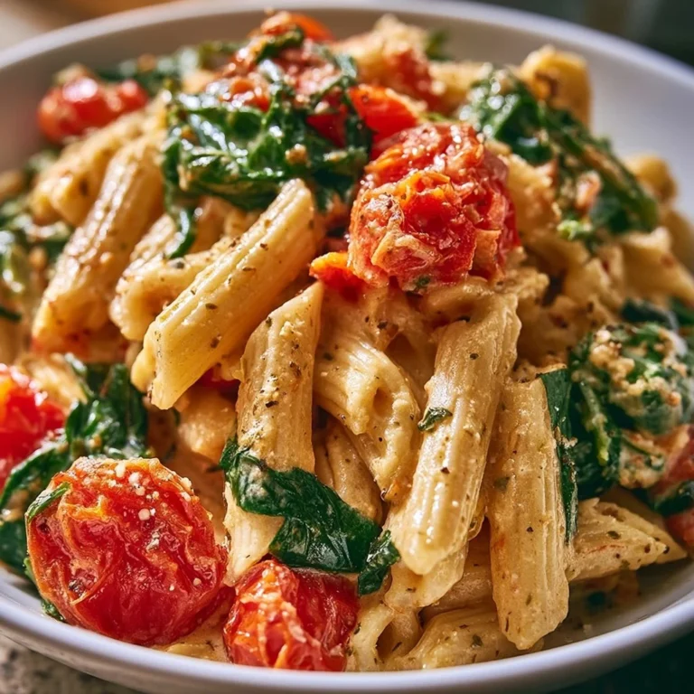 Cremige Nudeln mit Tomaten und Spinat auf einem weißen Teller.