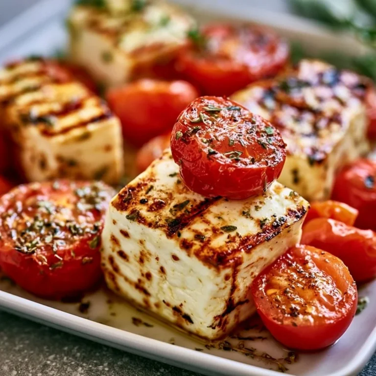 Gericht mit cremigem Feta, gegrillten Tomaten und frischen Kräutern auf einem Teller.