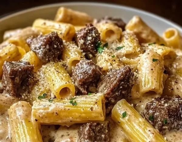 Cremiges Parmesan-Rindfleisch mit Rigatoni in einer appetitlichen Schüssel.