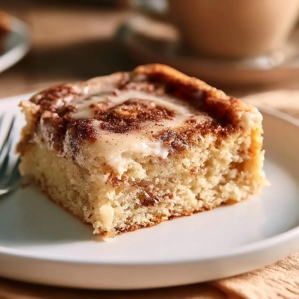 Ein einfacher Zimtkuchen mit Zimt und Zucker bestreut auf einem Teller.