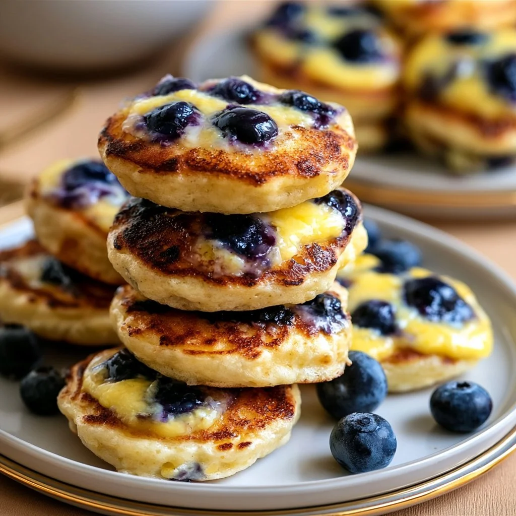 Zitronen-Blaubeer-Pfannkuchen-Bissen auf einem Teller mit frischen Beeren.