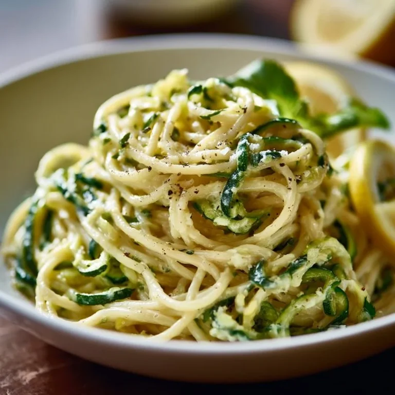Teller mit einfacher Zitronen-Zucchini-Pasta, garniert mit frischen Kräutern.