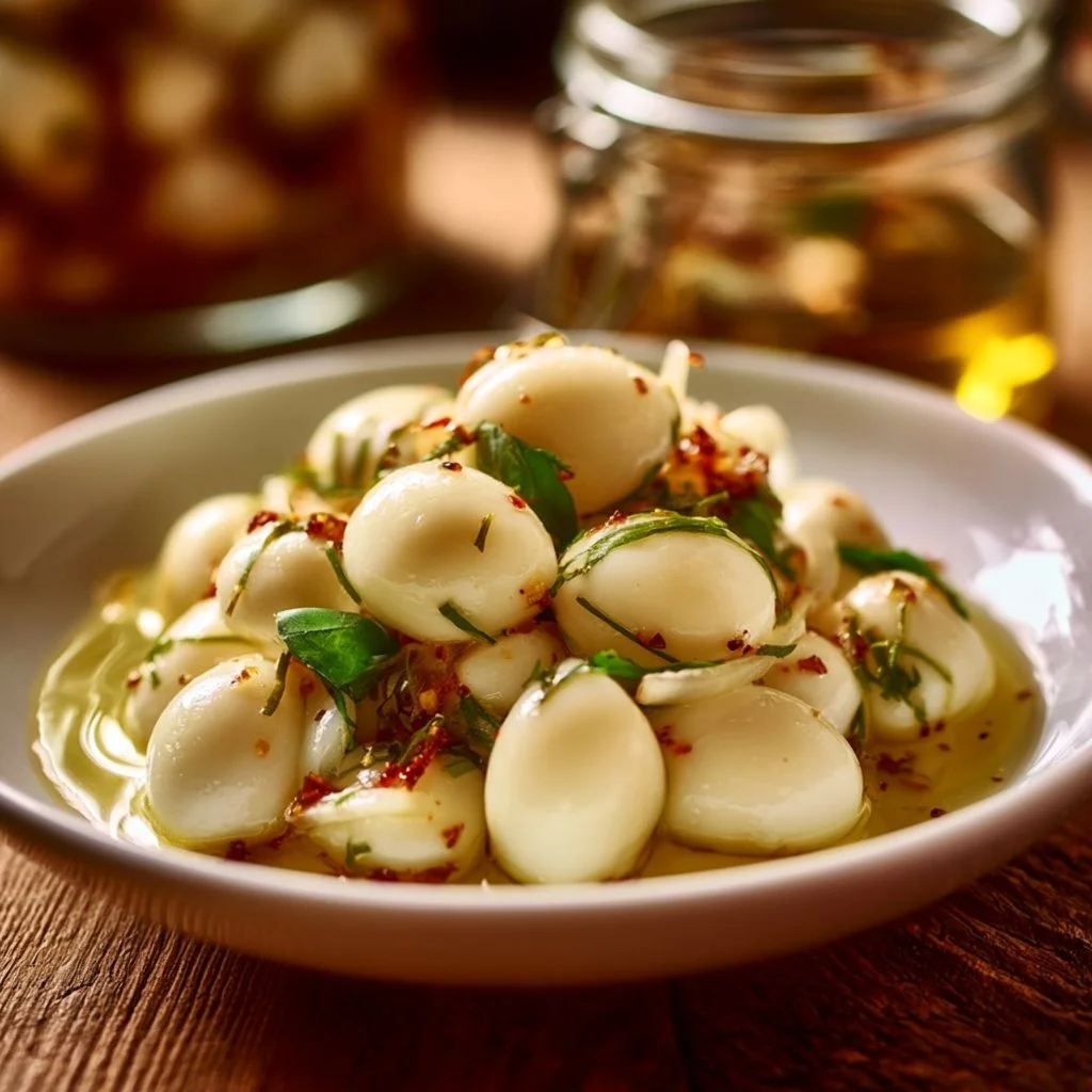 Eingelegter Mozzarella in einer dekorativen Schale mit frischen Kräutern