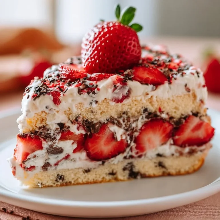 Leckere Erdbeer-Stracciatella-Torte mit frischen Erdbeeren und Schokoladenstückchen