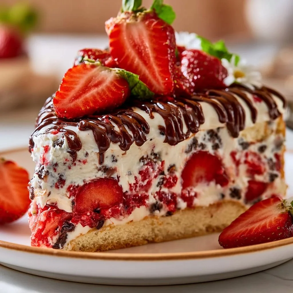 Erdbeer-Stracciatella-Torte mit frischen Erdbeeren und Schokoladenstückchen