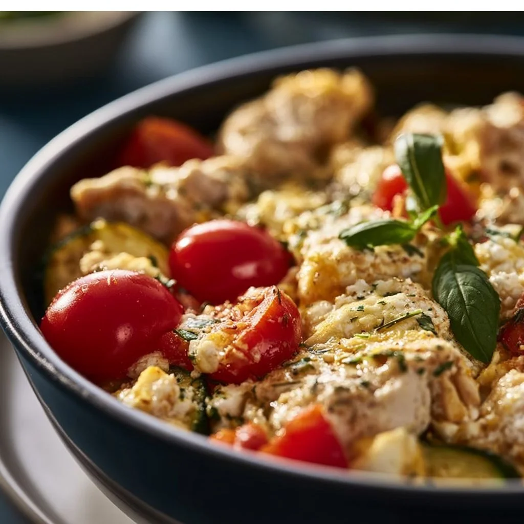 Delikates Feta-Hähnchen aus der Airfryer-Pfanne mit frischen Zutaten.
