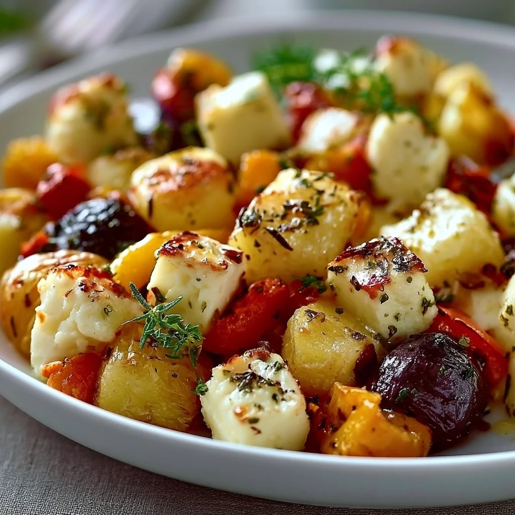 Leckeres Feta-Kartoffeln Ofengemüse aus dem Ofen.