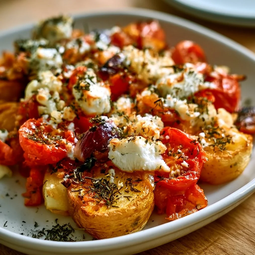 Ofengemüse mit Feta und Kartoffeln auf einem Blech frisch gebacken