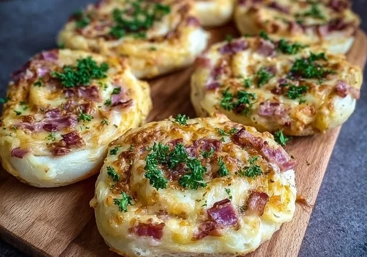 Flammkuchen Brötchen auf einem Holzbrett serviert