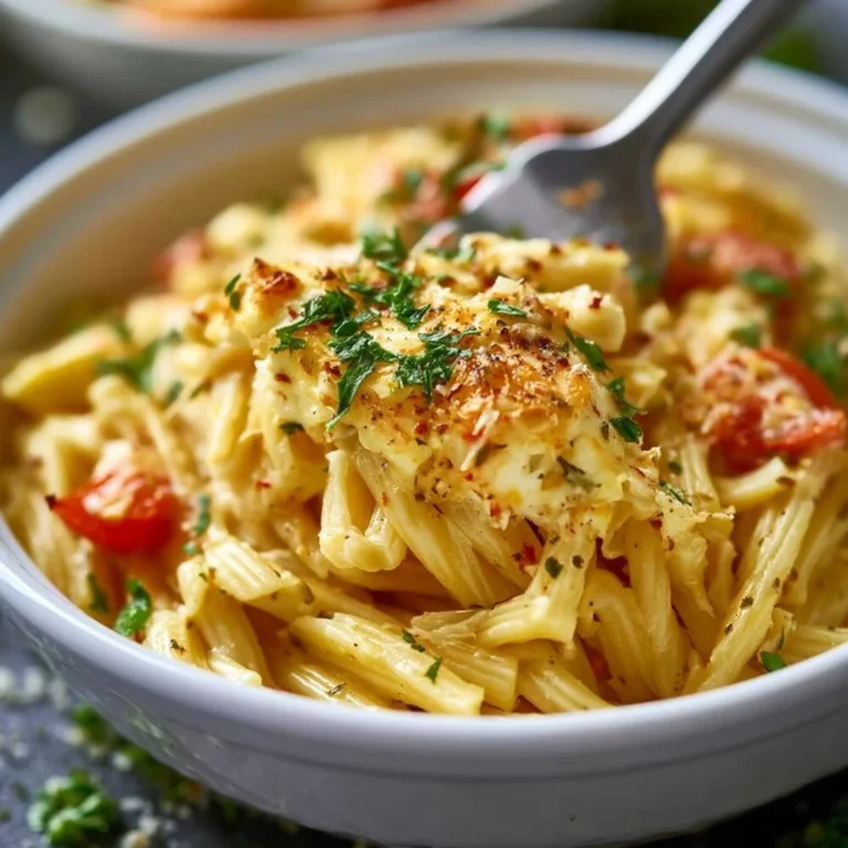 Gebackene Feta-Pasta mit frischem Gemüse und Kräutern auf einem Teller serviert.