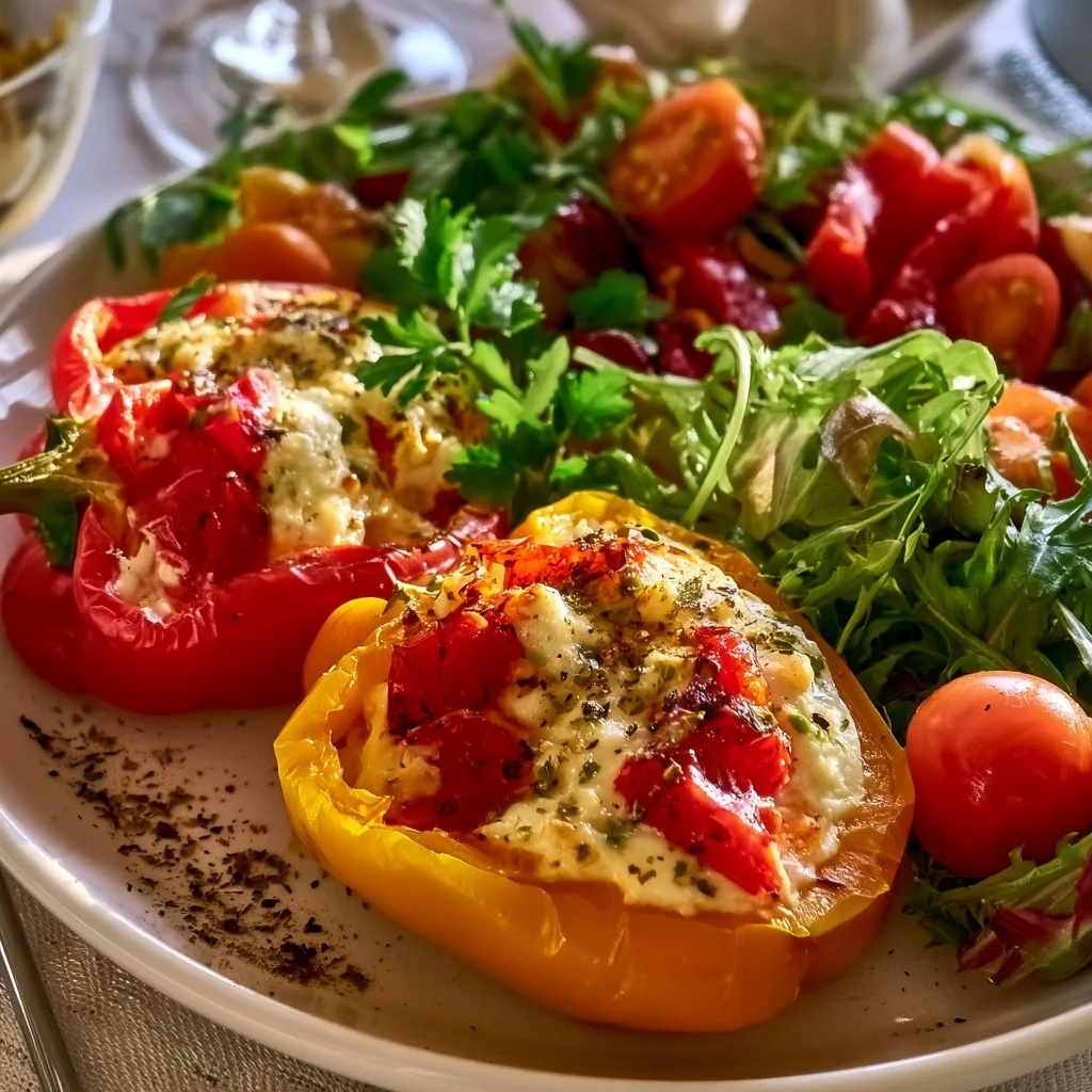 Gefüllte Feta-Paprika mit buntem Salat auf einem Teller
