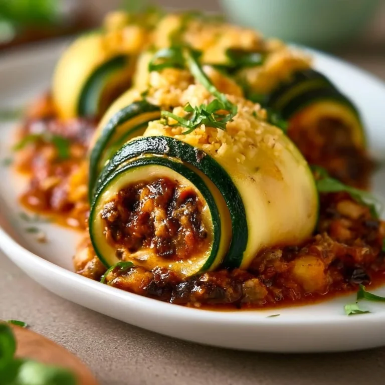 Gefüllte Zucchini-Röllchen auf einem Teller, dekoriert mit frischen Kräutern